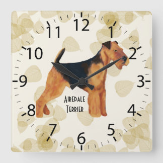 Airedale Terrier ~ Tan Blätter Design Quadratische Wanduhr
