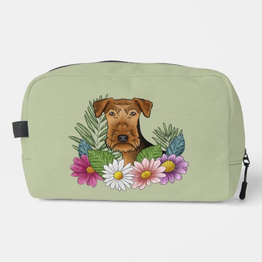 Airedale Terrier und farbenfrohe Sommer Blume Grün Waschbeutel (Vorderseite)