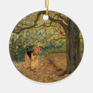 Airedale Terrier Vogelbeobachtung Keramik Ornament
