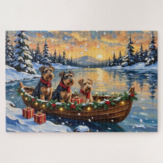 Airedale Terrier Weihnachtsboot Urlaub Puzzle (Horizontal)