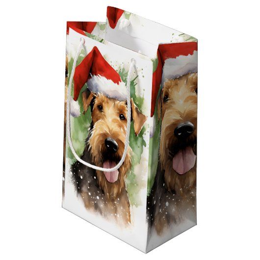 Airedale Terrier Weihnachtsmalerei Kunstwerke Kleine Geschenktüte (Rückseite Schrägansicht)