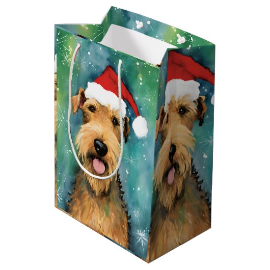Airedale Terrier Weihnachtsmalerei Kunstwerke Mittlere Geschenktüte (Rückseite Schrägansicht)
