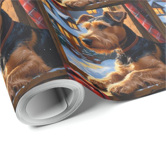 Airedale Terrier With Christmas Lights Holiday  Geschenkpapier (Rolleneckpunkt)