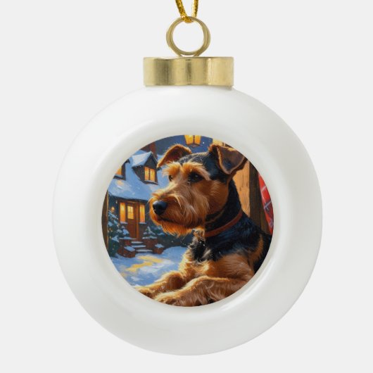 Airedale Terrier With Christmas Lights Holiday  Keramik Kugel-Ornament (Vorderseite)