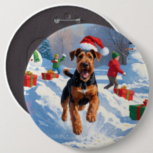 Airedale-Weihnachtsfest-Schneeszene Button