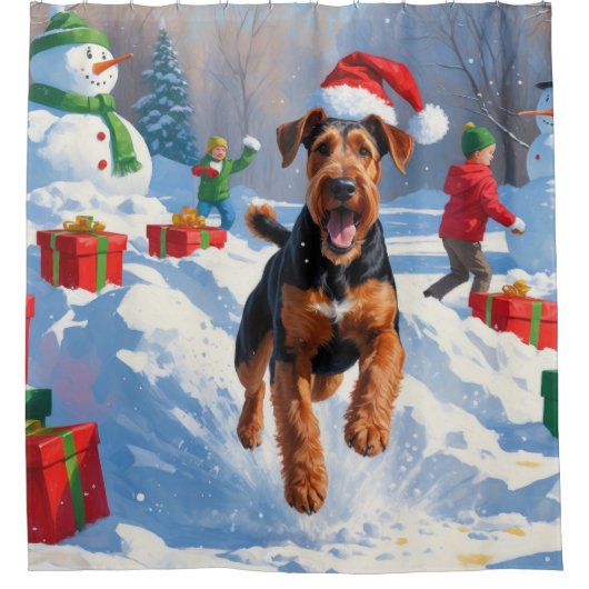 Airedale Weihnachtsfest Schneeszene Duschvorhang (Vorderseite)