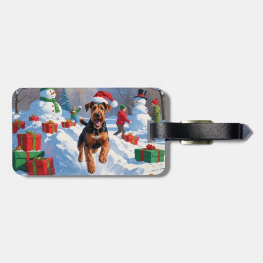 Airedale Weihnachtsfest Schneeszene Gepäckanhänger (Rückseite horizontal)