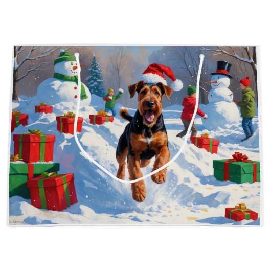 Airedale Weihnachtsfest Schneeszene Große Geschenktüte (Vorderseite)
