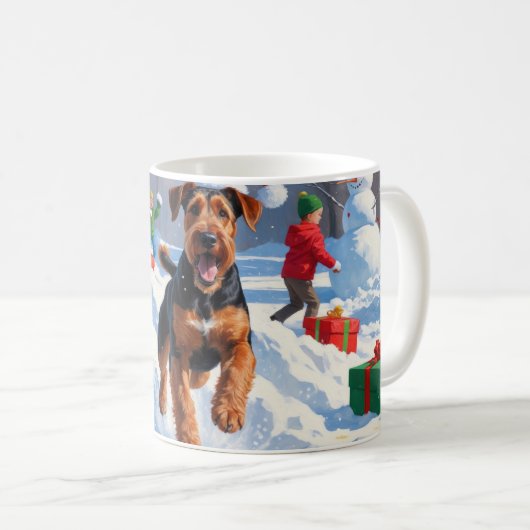 Airedale Weihnachtsfest Schneeszene Kaffeetasse (VorderseiteRechts)