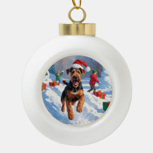 Airedale-Weihnachtsfest-Schneeszene Keramik Kugel-Ornament