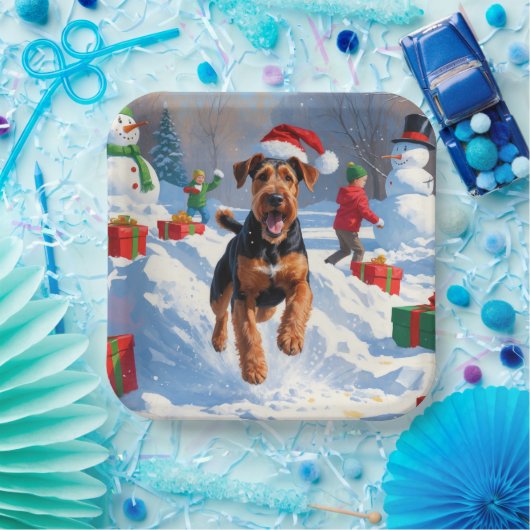 Airedale Weihnachtsfest Schneeszene Pappteller (Party)