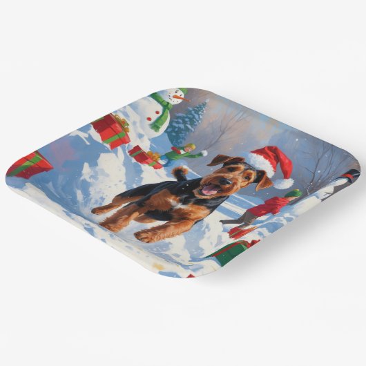 Airedale Weihnachtsfest Schneeszene Pappteller (Gewinkelt)