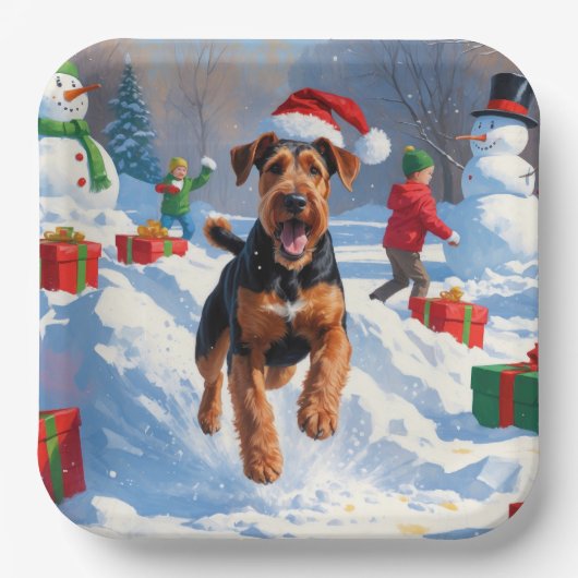 Airedale Weihnachtsfest Schneeszene Pappteller (Vorderseite)