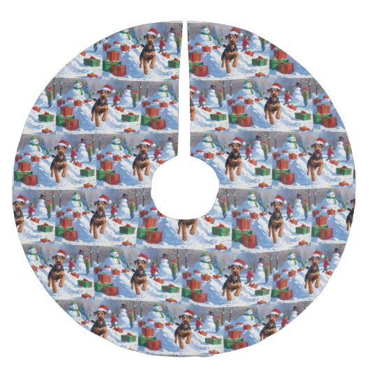 Airedale Weihnachtsfest Schneeszene Polyester Weihnachtsbaumdecke (Vorderseite)