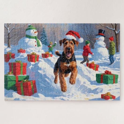 Airedale Weihnachtsfest Schneeszene Puzzle (Horizontal)