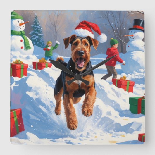 Airedale Weihnachtsfest Schneeszene Quadratische Wanduhr (Vorderseite)