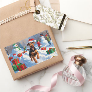 Airedale-Weihnachtsfest-Schneeszene Rechteckiger Aufkleber