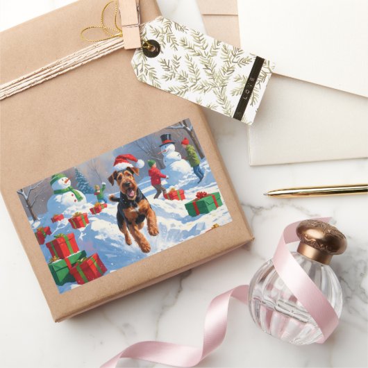 Airedale Weihnachtsfest Schneeszene Rechteckiger Aufkleber (Schenken)