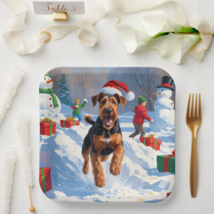 Airedale Weihnachtsfestliche Schneeszene Pappteller
