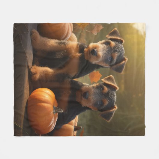 Airedale Welpe Herbst Kürbis Fleecedecke (Vorderseite (Horizontal))