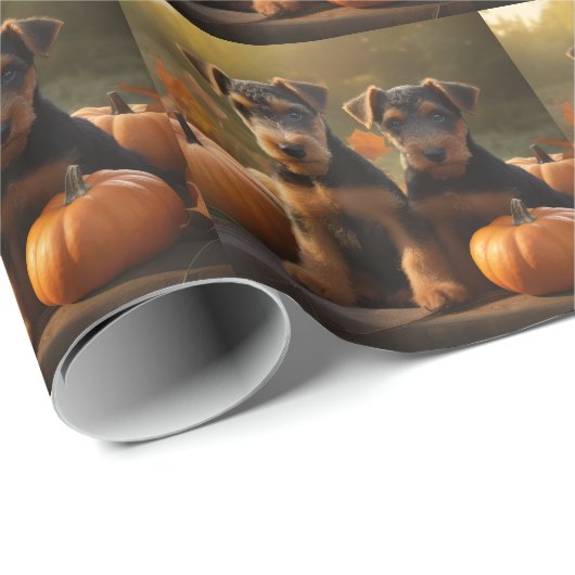 Airedale Welpe Herbst Kürbis Geschenkpapier (Rolleneckpunkt)