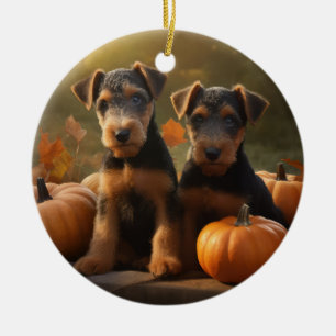 Airedale-Welpe Herbstfreude Kürbis Keramik Ornament