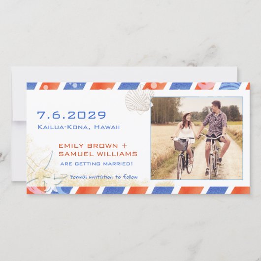 Airmail Beach Hochzeit Save the Date Fotokarte (Vorderseite)