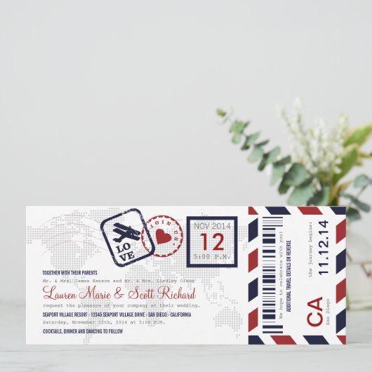 Airmail Boarding Pass Ticket Wedding Invitation Einladung (Stehend Vorderseite)
