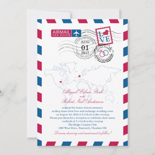 Airmail Heart UK und Missouri USA Wedding Einladung (Vorderseite)