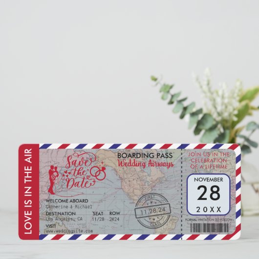 Airmail World Map Boarding Pass Zielort Save The Date (Stehend Vorderseite)