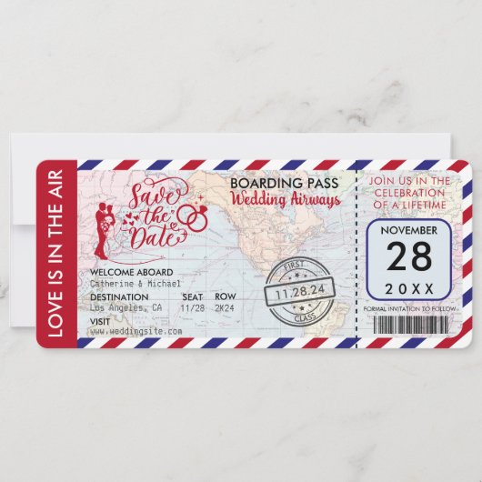 Airmail World Map Boarding Pass Zielort Save The Date (Vorderseite)