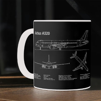 Airplane Airbus A320 in Blueprint Drawing PD Kaffeetasse