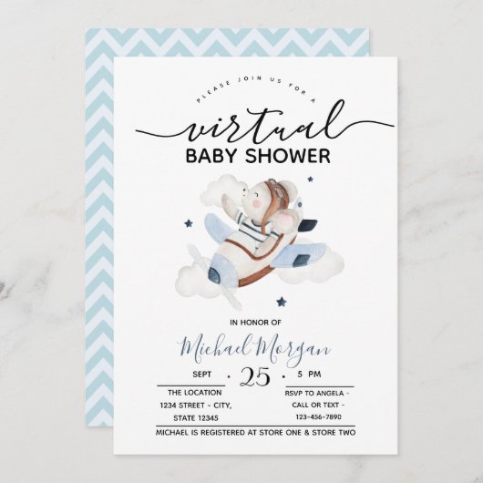 Airplane Baby Mouse Zigzag Virtual Baby Dusche Einladung (Vorne/Hinten)