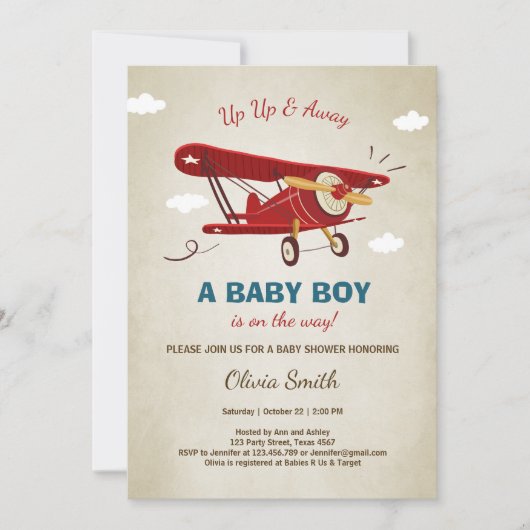 Airplane Baby Shower Einladung Reisen Abenteuer (Vorderseite)