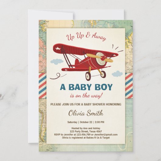 Airplane Baby Shower Einladung Reisen Abenteuer (Vorderseite)