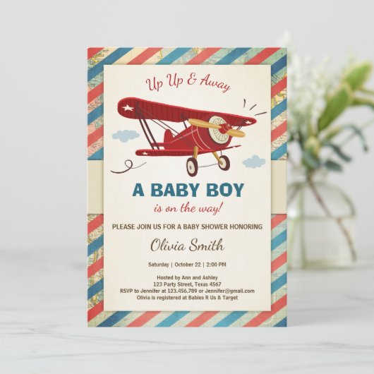 Airplane Baby Shower Einladung Reisen Adventure (Stehend Vorderseite)