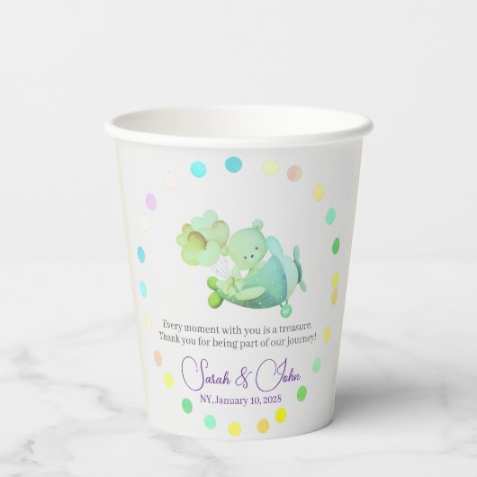 AIRPLANE BEAR pastel clouds rainbow editable Pappbecher (Rückseite)
