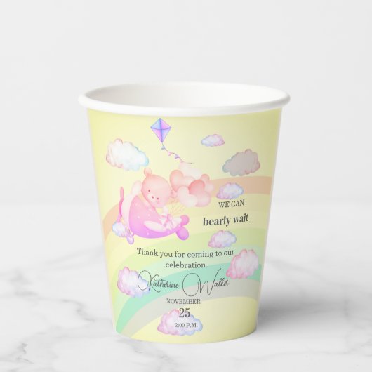 AIRPLANE BEAR pastel clouds rainbow editable Pappbecher (Vorderseite)