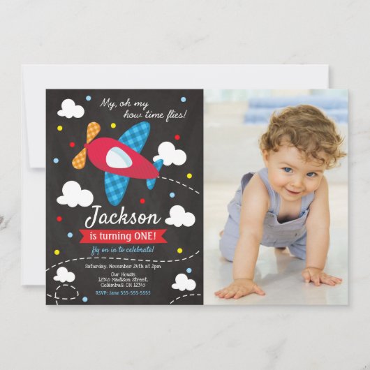 Airplane Birthday Photo Invitation | Time Files Einladung (Vorderseite)