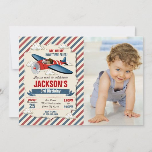 Airplane Birthday Photo Invitation | Time Flies Einladung (Vorderseite)
