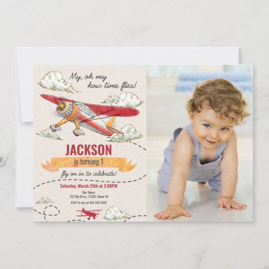 Airplane Birthday Photo Invitation Vintage Retro Einladung (Vorderseite)