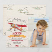 Airplane Birthday Photo Invitation Vintage Retro Einladung (Vorne/Hinten)
