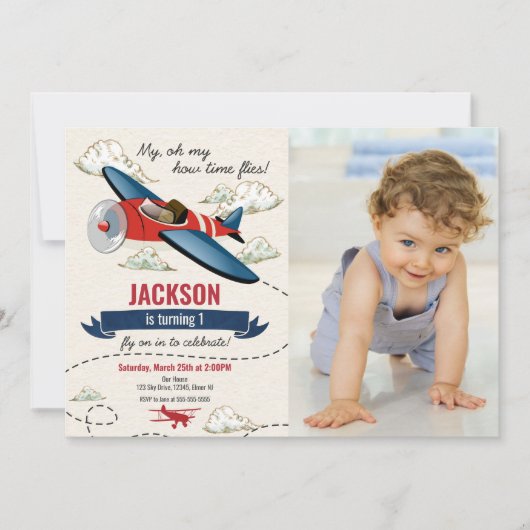 Airplane Birthday Photo Invitation Vintage Retro Einladung (Vorderseite)
