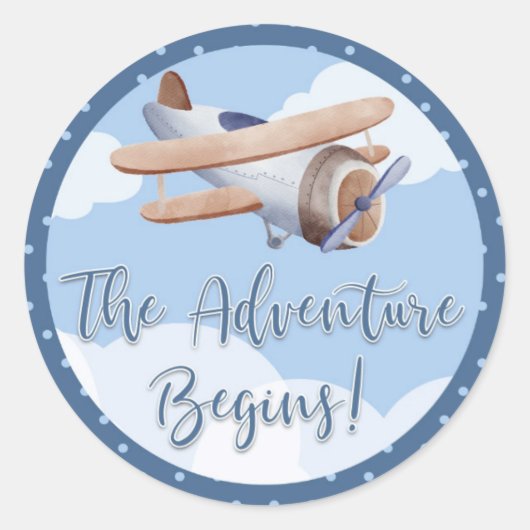 Airplane Blue Baby Shower Sticker Adventure beginn (Vorderseite)
