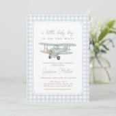 Airplane Blue Gingham Baby Shower Invitation Einladung (Stehend Vorderseite)