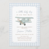 Airplane Blue Gingham Baby Shower Invitation Einladung (Vorderseite)