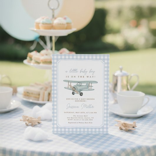 Airplane Blue Gingham Baby Shower Invitation Einladung