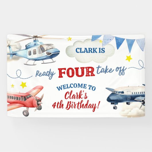 Airplane Boy 4th Birthday Large Banner (Horizontal)