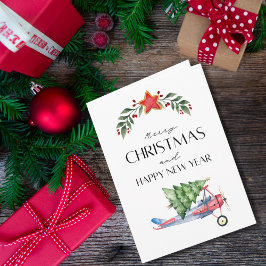 Airplane carries Christmas Tree Family Photo Funny Karte