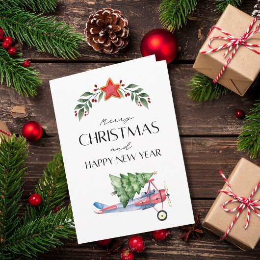 Airplane carries Christmas Tree Family Photo Funny Karte